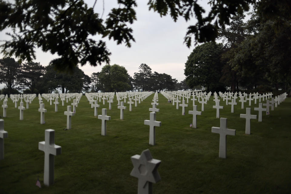 General view of headstones in the US cemetery of Colleville-sur-Mer, Normandy, Saturday, June, 4 2022. Several ceremonies will take place to commemorate the 78th anniversary of D-Day that led to the liberation of France and Europe from the German occupation. (AP Photo/Jeremias Gonzales)