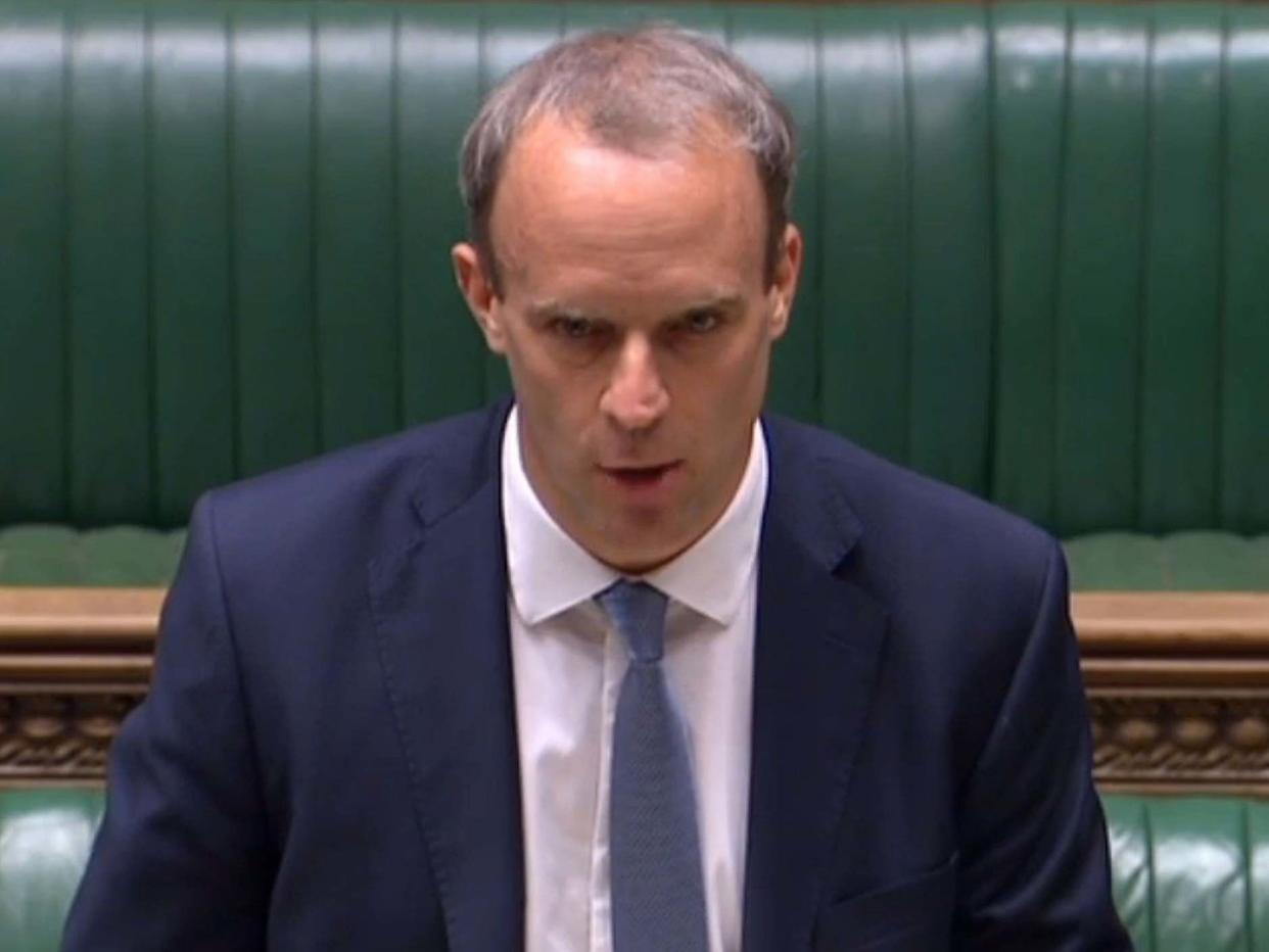 Foreign Secretary Dominic Raab making a statement in the House of Commons in London on July 6, 2020: PRU/AFP via Getty Images
