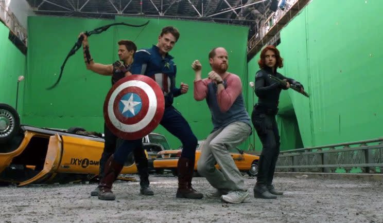 Joss Whedon on set with The Avengers - Credit: Marvel