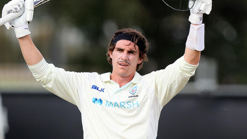 Sean Abbott, pictured here celebrating his century for NSW against Tasmania.