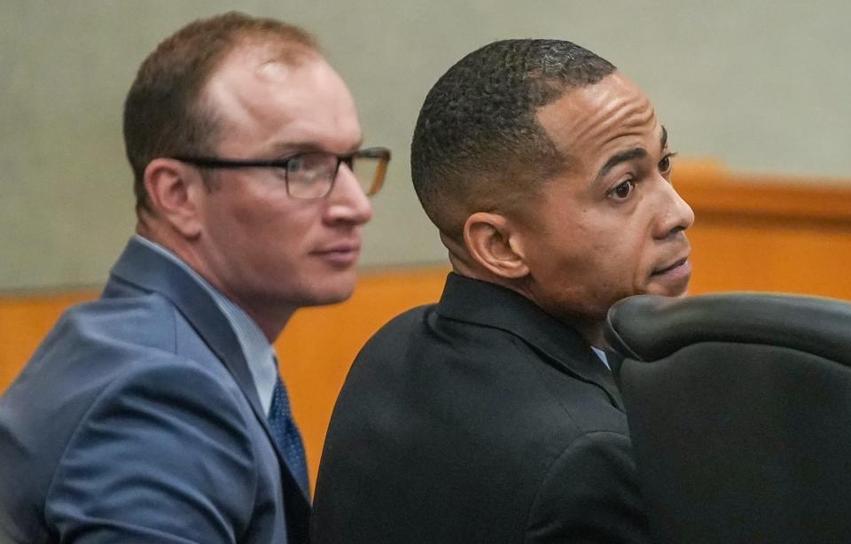 After eight days of testimony and about four hours of jury deliberations, former Williamson County Deputies Zach Camden, left, and J.J. Johnson were found not guilty in their trial over Javier Ambler II's death.
