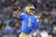 UCLA quarterback Dorian Thompson-Robinson throws a pass during the first half of the team's NCAA college football game against California on Saturday, Nov. 27, 2021, in Pasadena, Calif. (AP Photo/Jae C. Hong)