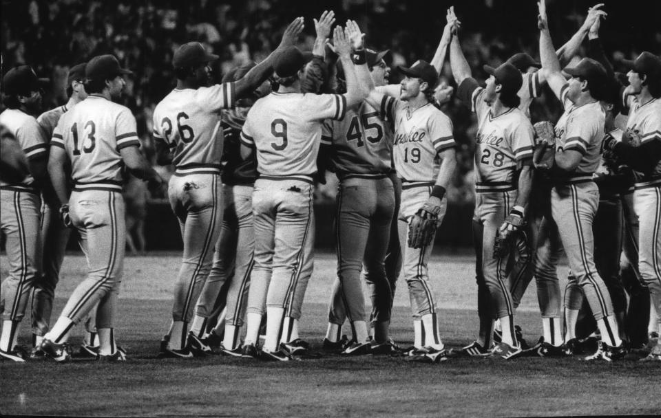One of the great moments in the 1987 Milwaukee Brewers' season was the 13th consecutive victories. Among those celebrating that win in Chicago's Comiskey Park on April 20 were Brewers Billy Jo Robidoux (13), Glenn Braggs (26), Greg Brock (9), Rob Deer (45), Robin Yount (19) and Rick Manning (28).