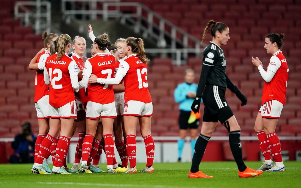 Arsenal celebrate after Vivianne Miedema scored the only goal of the game in the Champions League win over Juventus - Vivianne Miedema strikes as Arsenal beat Juventus - Zac Goodwin/PA