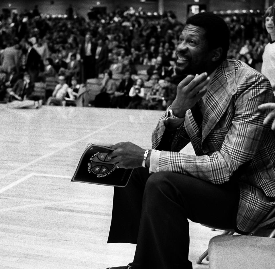 April 9, 1974; FILE PHOTO;  Bill Russell, head coach and general manager of the Seattle Supersonics, waits to coach the Pacific-8 against the SEC in the first round of the first annual Four-Star Classic at Memorial Gym. Mandatory Credit: Dale Ernsberger-USA TODAY NETWORK