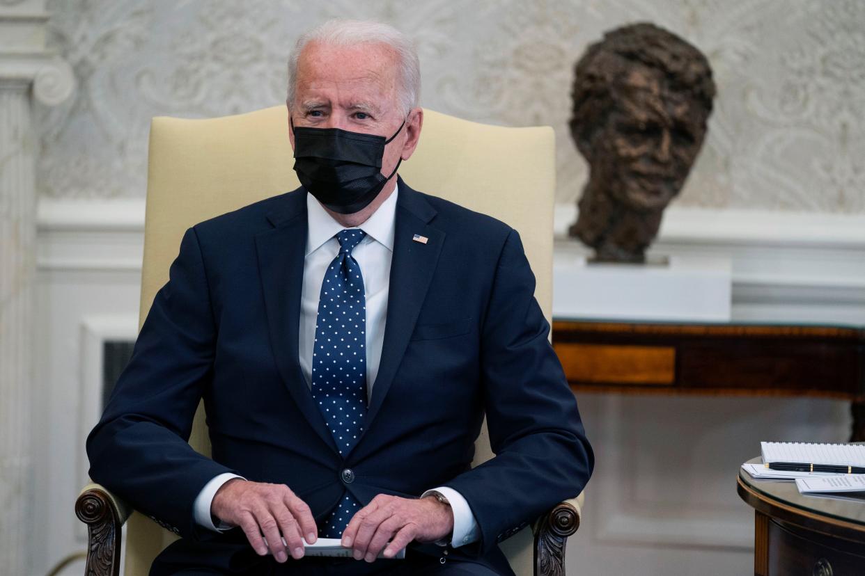 President Joe Biden speaks during a meeting with members of the Congressional Hispanic Caucus in the Oval Office of the White House on Tuesday, April 20, 2021, in Washington. Biden said Tuesday that he is "praying the verdict is the right verdict" in the trial of former Minneapolis Police Officer Dereck Chauvin.