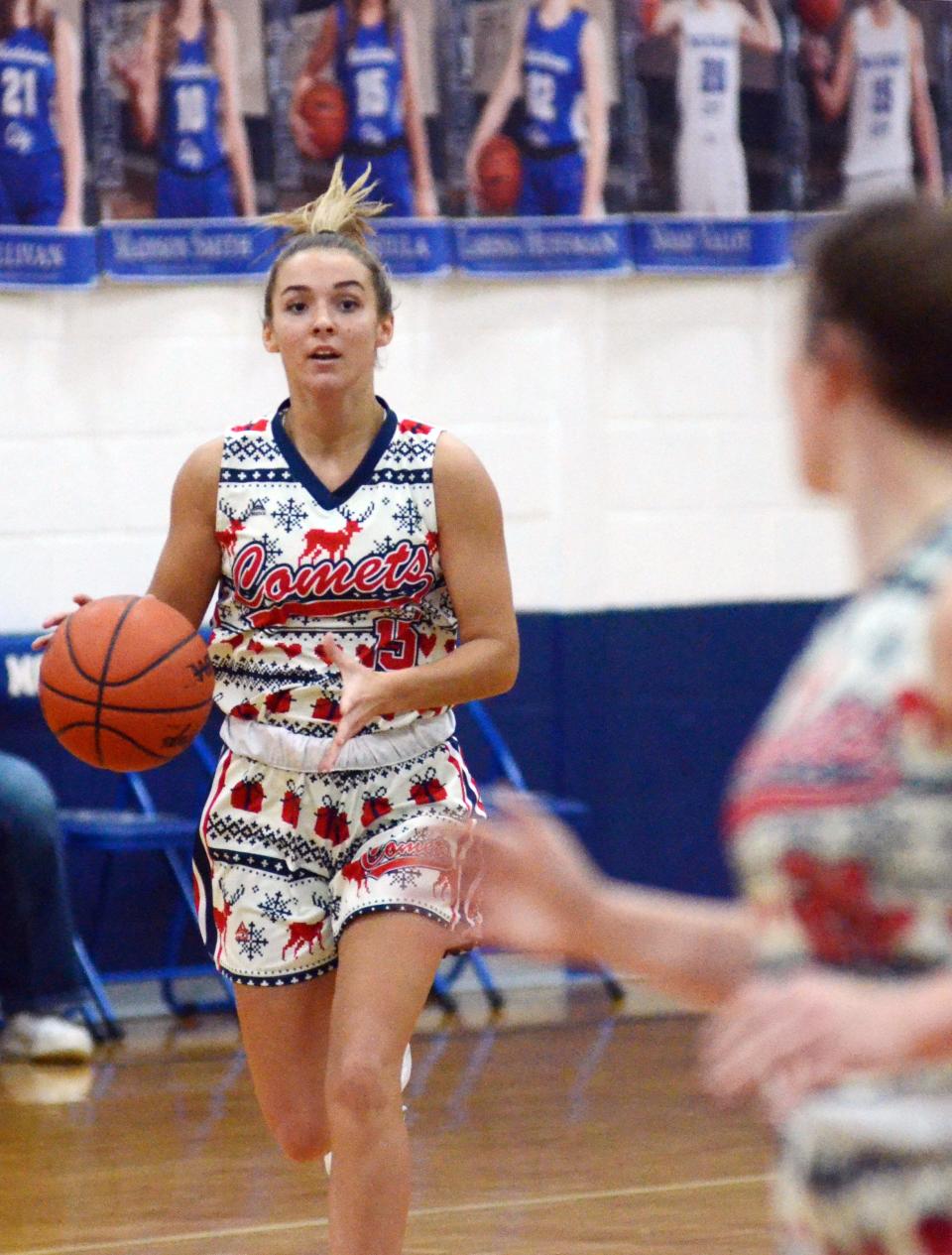 Mackinaw City guard Marlie Postula brings the ball down the court while keeping an eye on a teammate in the first half.