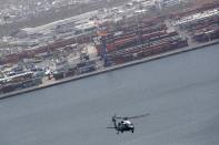 <p>U.S. President Donald Trump, aboard the Marine One helicopter, takes an aerial tour of Hurricane Maria damage in San Juan, Puerto Rico, U.S. October 3, 2017. REUTERS/Jonathan Ernst </p>