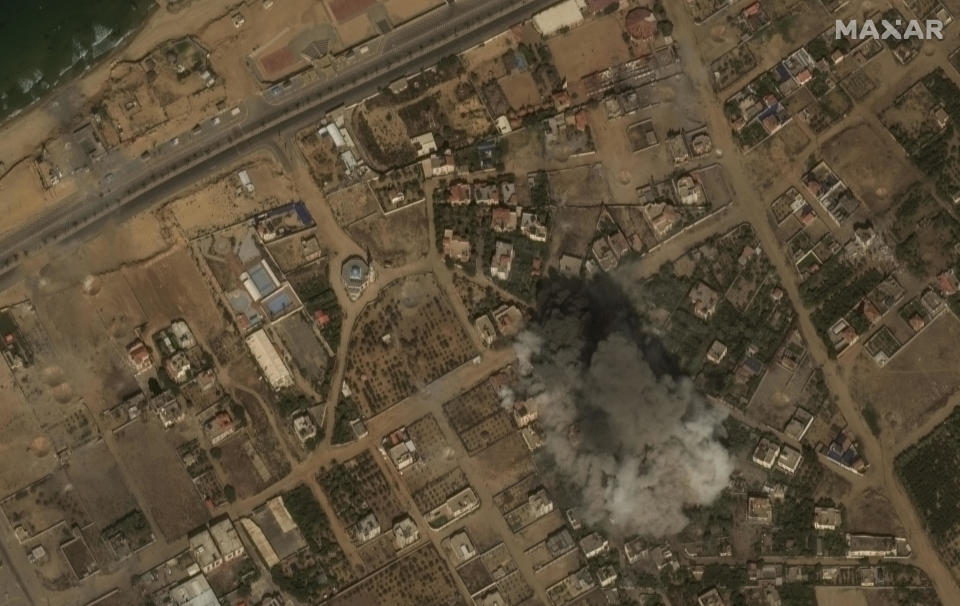 This image provided by Maxar Technologies, shows an explosion from an airstrike in Gaza City, Tuesday Oct. 10, 2023. / Credit: Satellite image ©2023 Maxar Technologies via AP