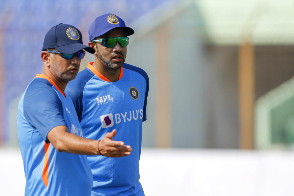 India's coach Rahul Dravid left and R. Ashwin during a training session ahead of their first test cricket match against Bangladesh in Chattogram, Bangladesh, Monday, Dec. 12, 2022. (AP Photo/Surjeet Yadav)