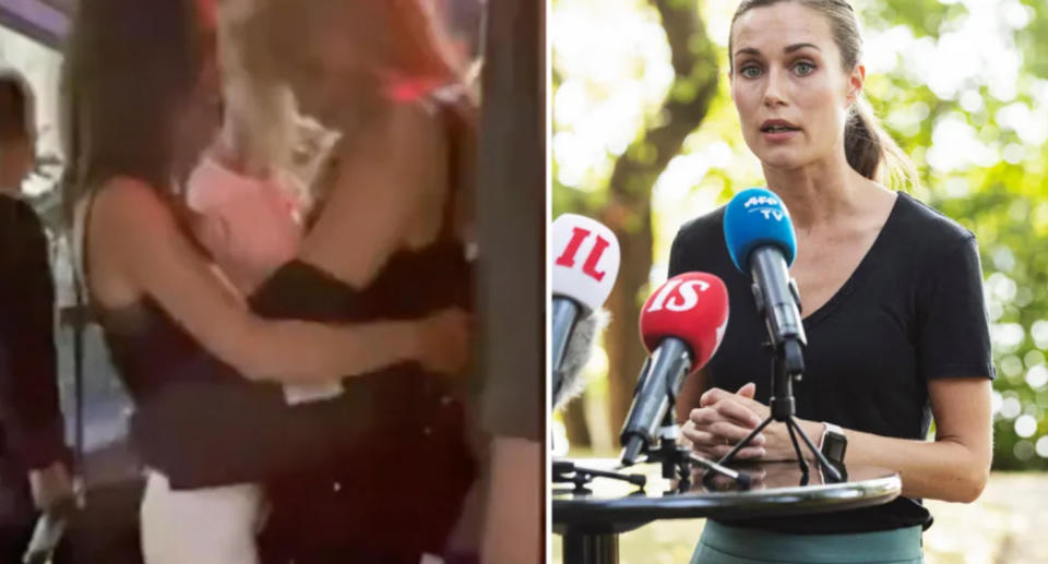 Finnish PM Sanna Marin dancing with a model Sabina Särkkä (left) and addressing the media (right)