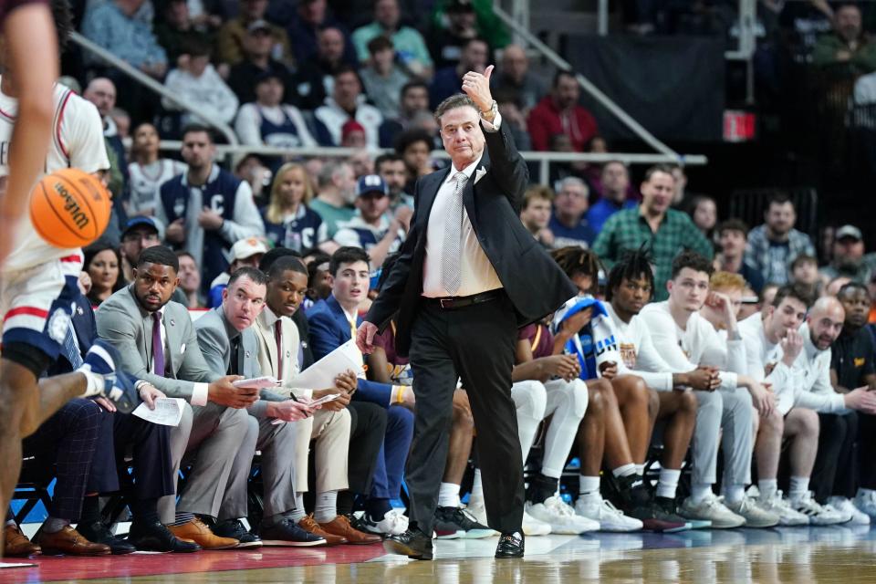 Iona coach Rick Pitino instructs his team against Connecticut during the second half of their 2023 NCAA men's tournament game at MVP Arena.