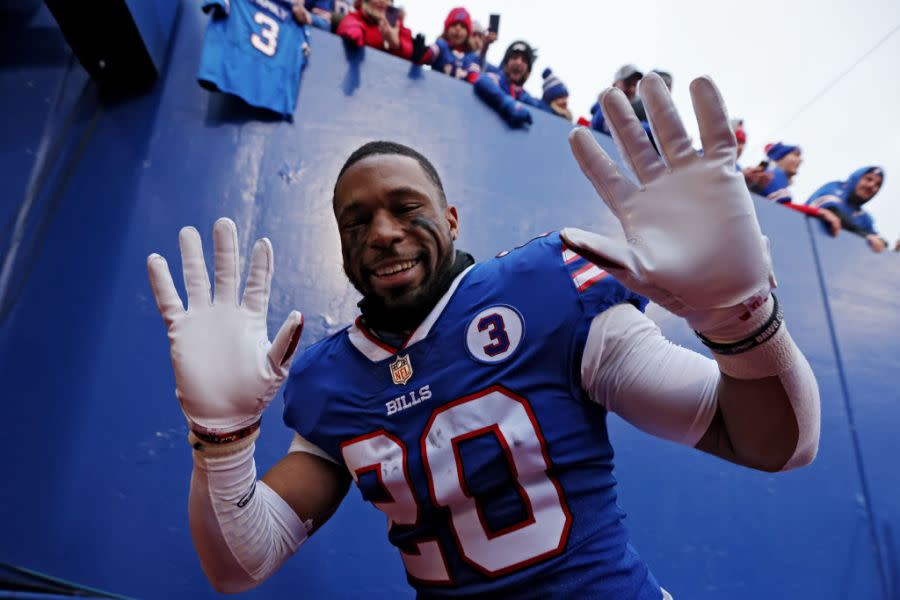 ORCHARD PARK, NEW YORK – JANUARY 08: Nyheim Hines #20 of the Buffalo Bills celebrates after Buffalo’s 35-23 win against the New England Patriots at Highmark Stadium on January 08, 2023 in Orchard Park, New York. (Photo by Bryan M. Bennett/Getty Images)