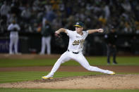 Oakland Athletics' JP Sears pitches to a Miami Marlins batter during the seventh inning of a baseball game Friday, May 3, 2024, in Oakland, Calif. (AP Photo/Godofredo A. Vásquez)