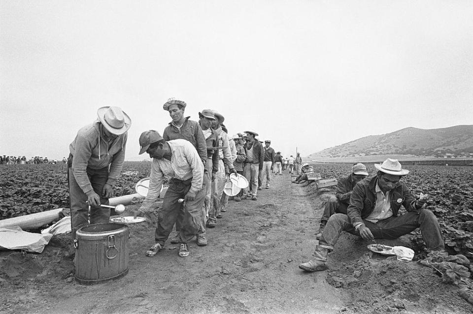 Braceros mexicanos fotografiados en 1963.