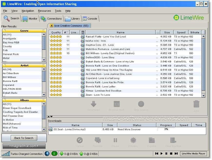 A image of the LimeWire page downloading songs