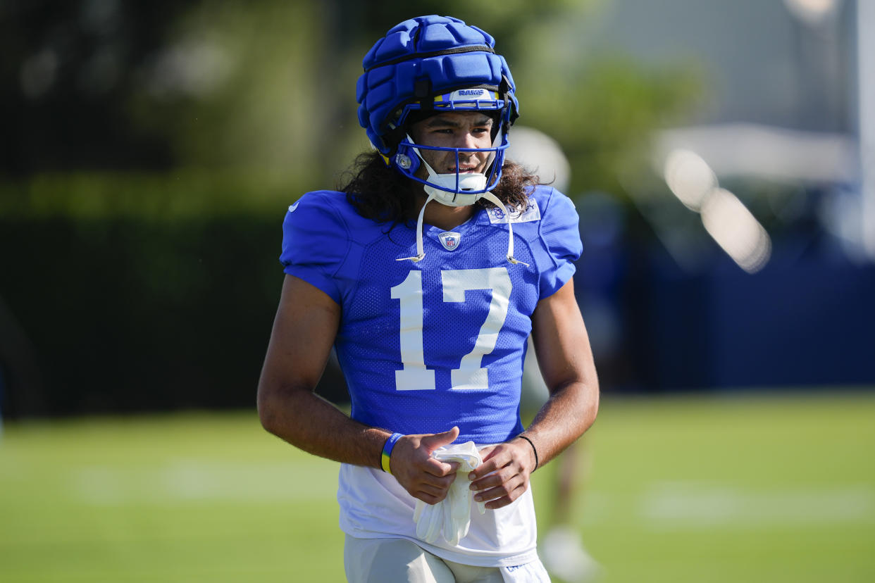 Los Angeles Rams wide receiver Puka Nacua is dealing with a knee injury. (AP Photo/Ryan Sun)