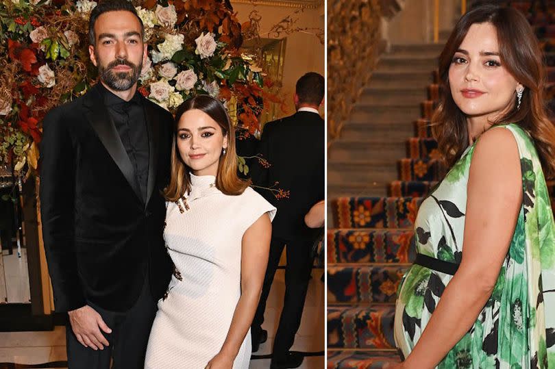 On the left Jenna Coleman is pictured with her boyfriend, Jamie Childs, on the right she is showing off a beautiful baby bump.