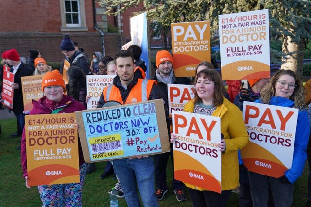 Striking NHS junior doctors on the picket line outside Leicester Royal Infirmary (Jacob King/PA)