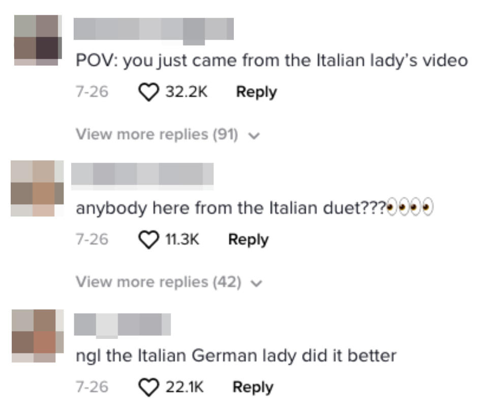 Comments including "ngl the Italian German lady did it better" and "POV: you just came from the Italian lady's video"