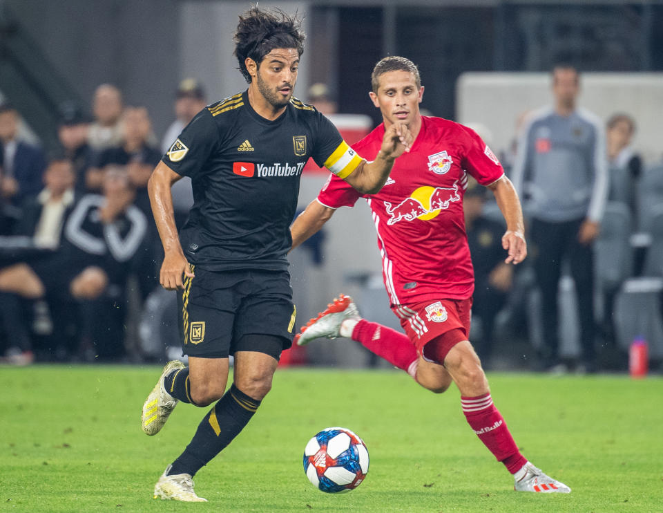 LOS ANGELES, CA - AUGUST 11: Carlos Vela #10 of Los Angeles FC during Los Angeles FC's MLS match against New York Red Bulls at the Banc of California Stadium on August 11, 2019 in Los Angeles, California.  Los Angeles FC won the match 4-2 (Photo by Shaun Clark/Getty Images)