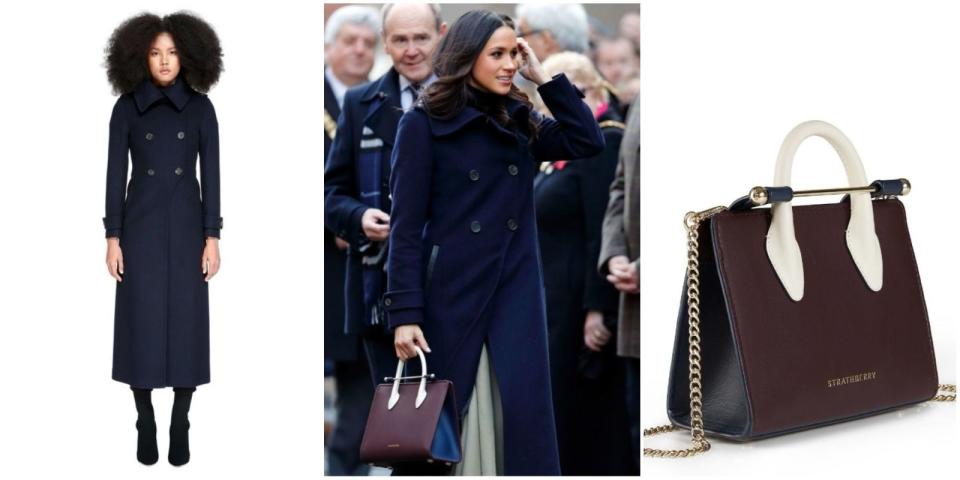 <p>For her first public royal engagement with Prince Harry, Meghan wore a double-breasted Mackage navy coat (<a rel="nofollow noopener" href="https://www.mackage.com/ca/en/elodie-military-wool-coat/ELODIE-1.html?cgid=women-wool-coats" target="_blank" data-ylk="slk:sold out;elm:context_link;itc:0;sec:content-canvas" class="link ">sold out</a> but similar <a rel="nofollow noopener" href="https://www.farfetch.com/uk/shopping/women/prada-double-breasted-coat-item-12558920.aspx?storeid=9800&from=search" target="_blank" data-ylk="slk:here;elm:context_link;itc:0;sec:content-canvas" class="link ">here</a>), a Joseph skirt and carried a burgundy and navy blue Strathberry handbag (<a rel="nofollow noopener" href="https://www.strathberry.com/products/the-strathberry-nano-tote-tri-colour-burgundy-navy-vanilla" target="_blank" data-ylk="slk:restocking;elm:context_link;itc:0;sec:content-canvas" class="link ">restocking</a> but similar available <a rel="nofollow noopener" href="https://www.strathberry.com/products/the-strathberry-nano-tote-navy-with-chevron?utm_medium=cpc&utm_source=googlepla&variant=2884547510296&gclid=EAIaIQobChMIxY30yLfc2AIVE7XACh1bOA8NEAQYASABEgLoCfD_BwE" target="_blank" data-ylk="slk:here;elm:context_link;itc:0;sec:content-canvas" class="link ">here</a>). </p>