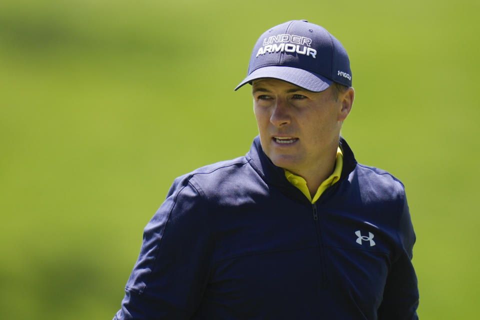 Jordan Spieth warms up on the driving range before a practice round for the PGA Championship golf tournament at Oak Hill Country Club on Wednesday, May 17, 2023, in Pittsford, N.Y. (AP Photo/Seth Wenig)