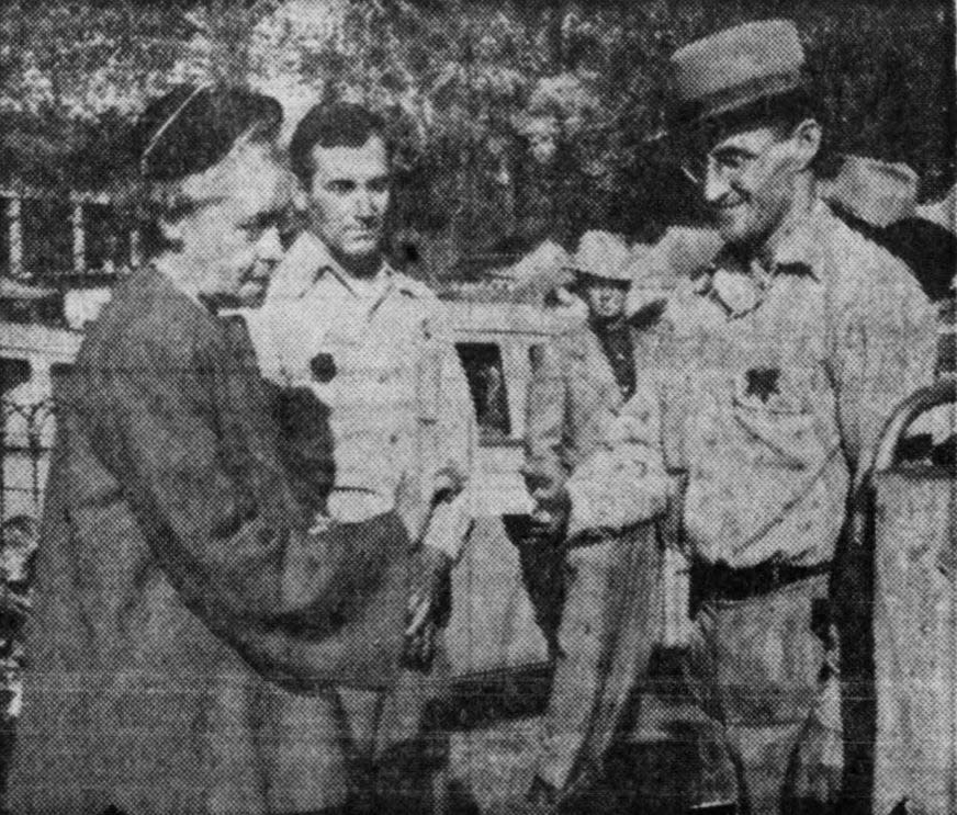 Mrs. Robert U. Hastings, Sr., 140 E. Wheeling St., startled gate-keepers Paul F. Switzer (center) and L. C. Moeller (right), when she presented an 89-year-old fair pass at the grounds on Oct 16, 1953. It was a member's pass for the 13th annual Fairfield County Fair in 1864, signed by U. C. Rutter. He was Mrs. Hasting's grandfather, who was president of the county agricultural society at that time. While the gate-keepers were scratching their heads, Mr. Hastings purchased two 1953 tickets so the couple could attend the fair.