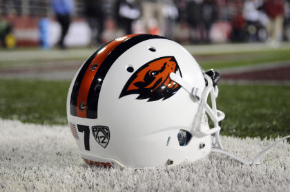 Oct 12, 2013; Pullman, WA, USA; Oregon State Beavers helmet sits on the sideline before a game against the Washington State Cougars at Martin Stadium. (James Snook-USA TODAY Sports)