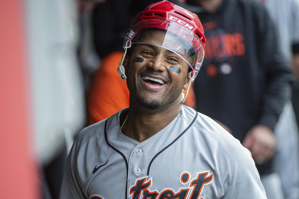 Detroit Tigers' Andy Ibanez reacts after hitting a solo home run off Cleveland Guardians relief pitcher Eli Morgan during the sixth inning of a baseball game in Cleveland, Monday, May 8, 2023. (AP Photo/Phil Long)