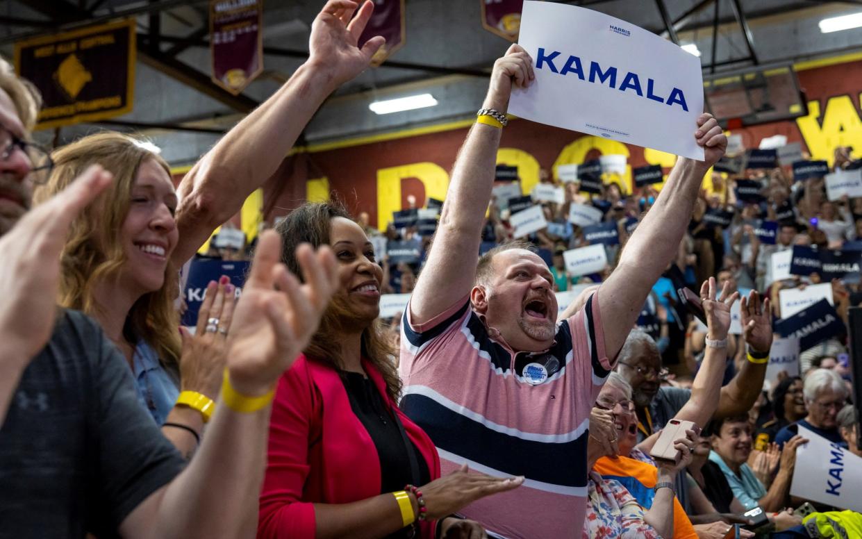 The huge crowd roared in support as she led a series of scathing attacks on Donald Trump