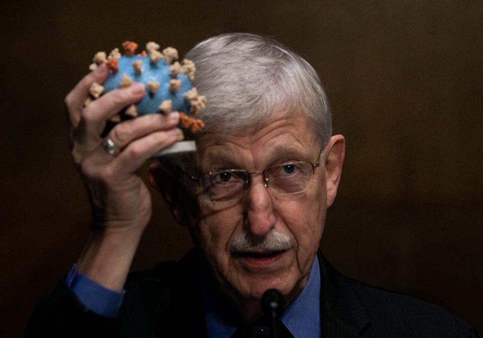 Director of the National Institutes of Health, Dr. Francis Collins, holds a model of the coronavirus as he testifies in 2020 at a Senate hearing to review Operation Warp Speed, the White House initiative to develop and distribute the COVID-19 vaccine.