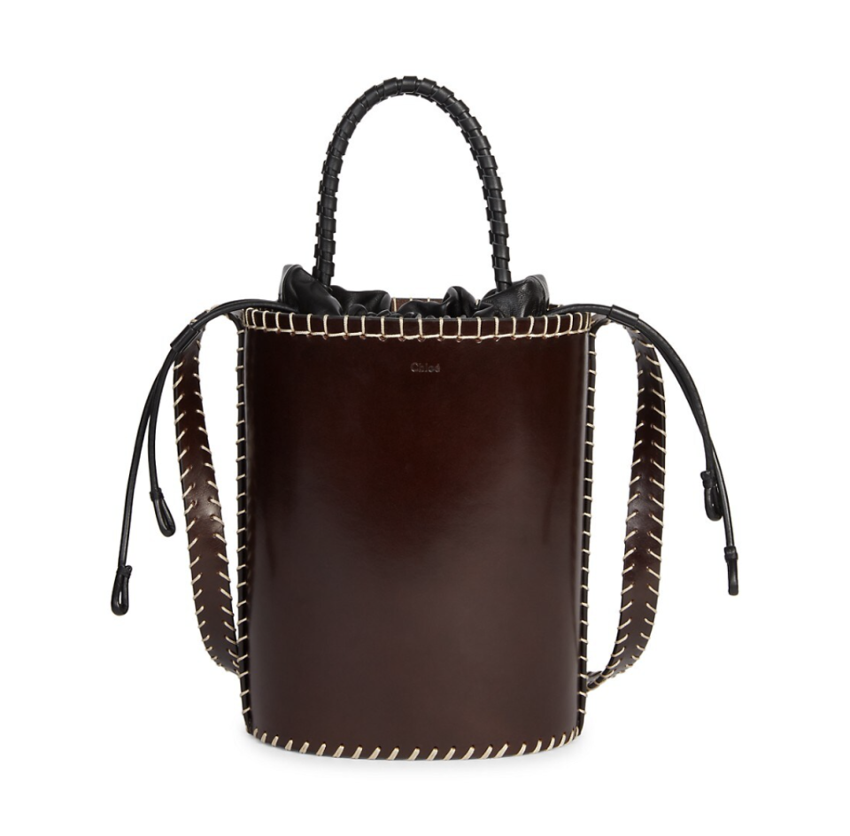 Chloé Small Louela Leather Bucket Bag on brown leather with white background (Photo via Saks Fifth Avenue)