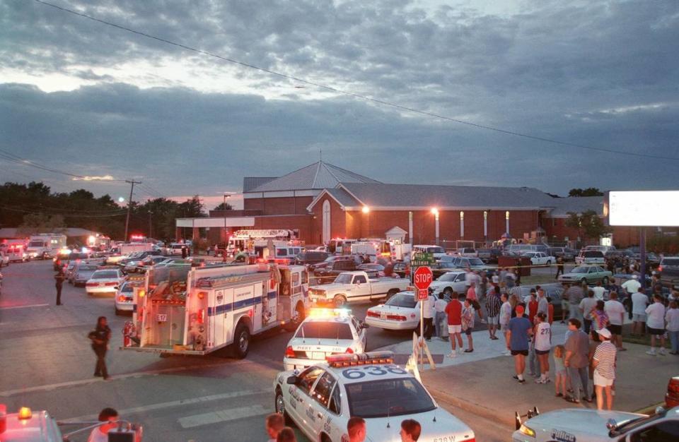 A crowd gathers around the Wedgewood Baptist Church in Fort Worth, Texas, Wednesday, Sept. 15, 1999, after a gunman opened fire inside the church. At least eight people died, including the gunman, who shot himself, according to police. (AP Photo/Fort Worth Star-Telegram, Alison Woodworth) Wedgwood.