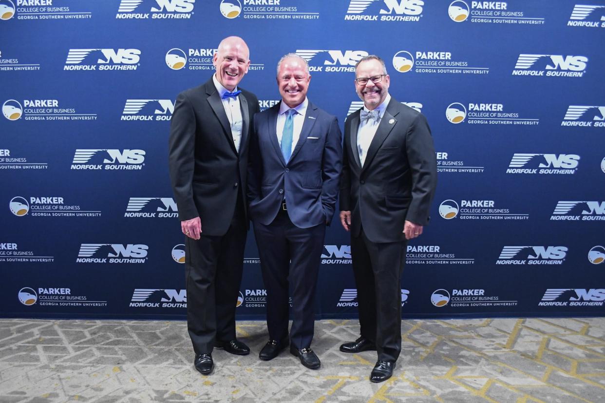 Parker College of Business Gala 2024 (left to right) Dean Allen Amason, Parker's founder and CEO Greg Parker and Georgia Southern University President Kyle Marrero