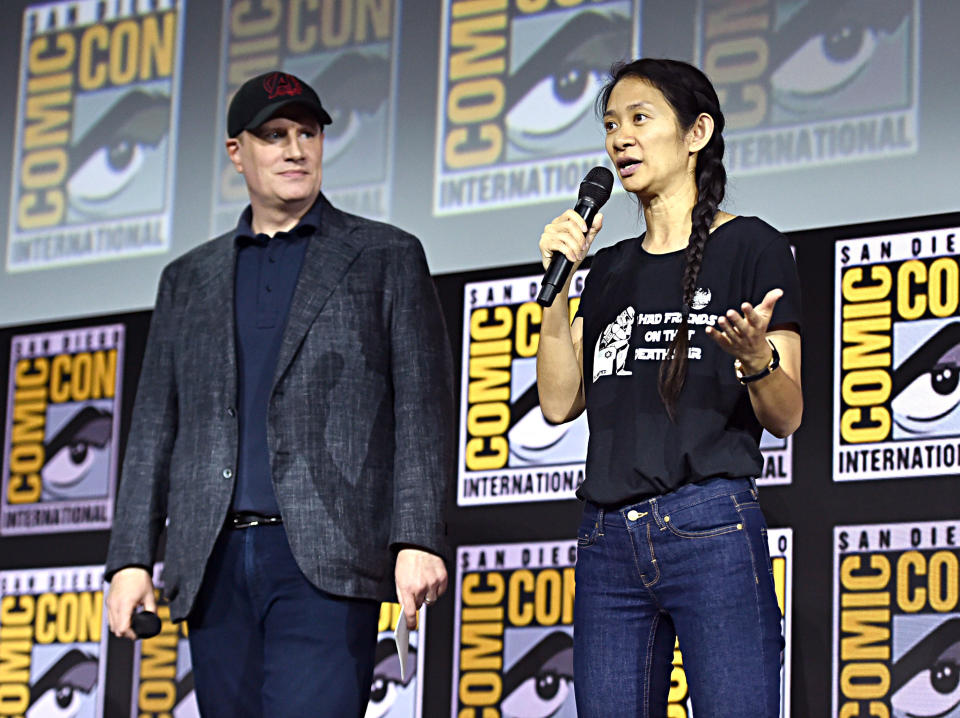 President of Marvel Studios Kevin Feige and director Chloe Zhao of 'The Eternals' at San Diego Comic-Con International 2019. (Photo by Alberto E. Rodriguez/Getty Images for Disney)