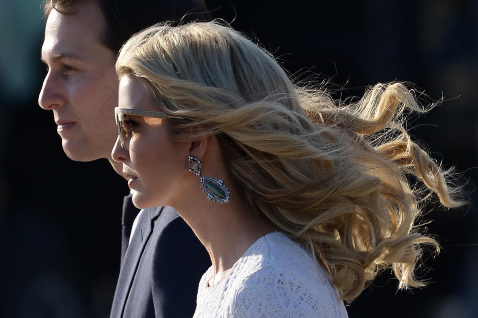 <p>Ivanka Trump, daughter of President Donald Trump, and her husband Jared Kushner, senior adviser to Trump, arrive at Rome’s Fiumicino Airport on May 23, 2017. (Photo: Filippo Monteforte/AFP/Getty Images) </p>