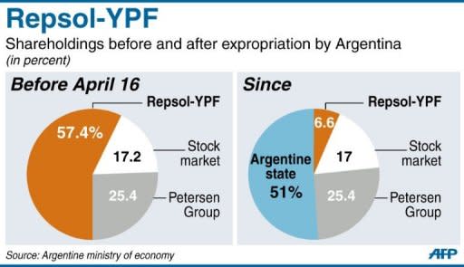 Pie-charts showing ownership of oil company Repsol-YPF before and after expropriation by Argentina