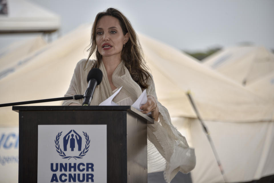 United Nations High Commissioner for Refugees (UNCHR) Special Envoy Angelina Jolie delivers a speech during a press conference after visiting a refugee camp in the border between Colombia and Venezuela on June 8, 2019 in Maicao, Colombia. UN and International Organization for Migration (IOM) announced yesterday that 4 million of Venezuelans have left their country since 2015 due to the social, political and economic crisis, which means they are of the single largest population groups displaced from their country globally. The camp in Maicao has 60 tents  which can accommodate up to 350 people. Due to high demand, UNHCR is considering an expansion to give shelter to 1,400 people. Colombia it the top host of Venezuelan migrants and refugees, accounting 1.3 million. (Photo by Guillermo Legaria/Getty Images)