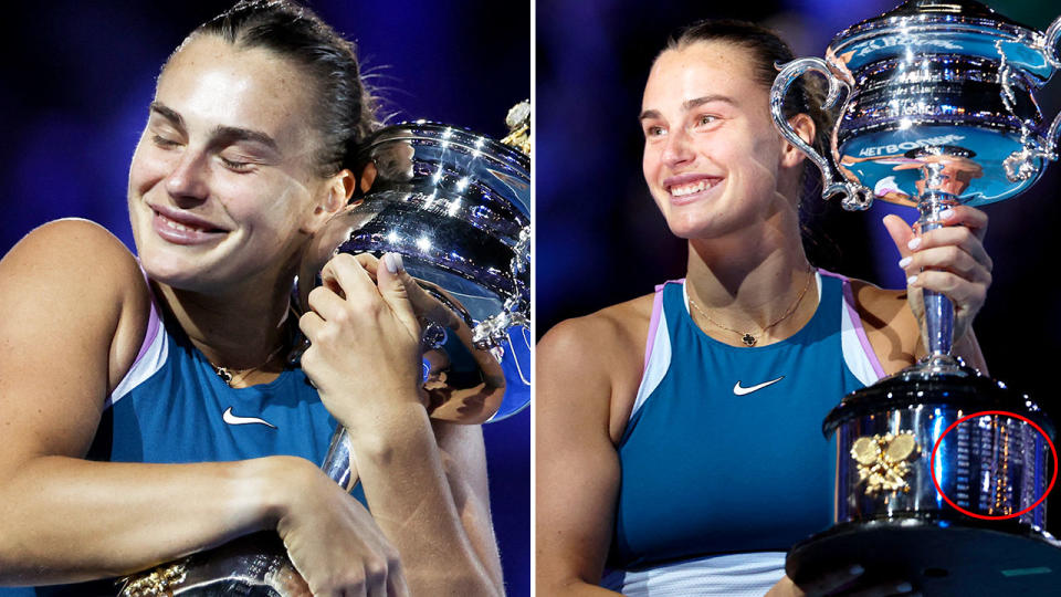 Tennis fans were fuming after Aryna Sabalenka's Australian Open win after all trace of her Belarusian nationality was missing. Pic: Getty