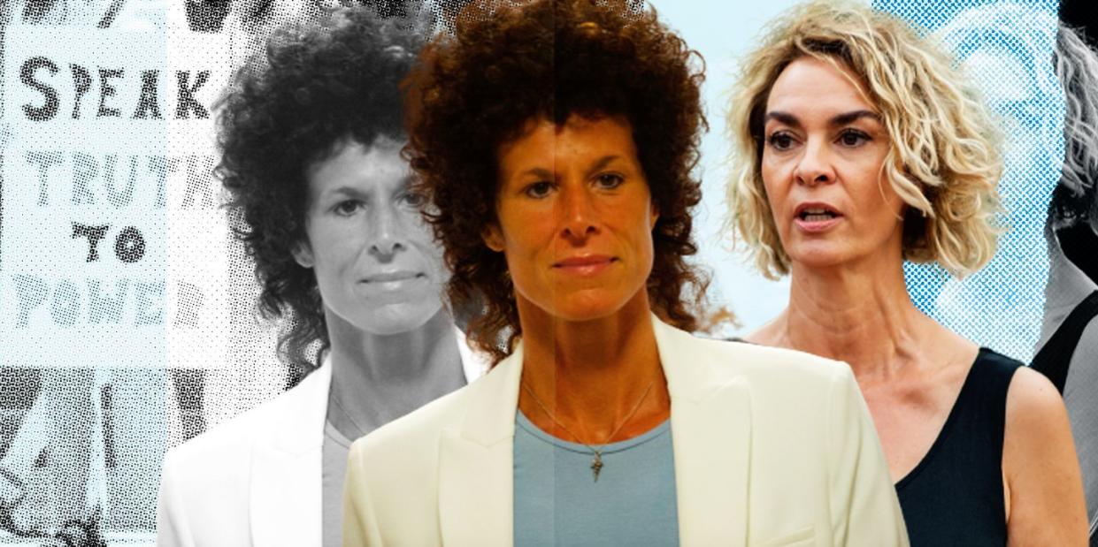 a collage of bill cosby survivors andrea constand and stacey pinkerton with a sign in the background saying speak truth to power
