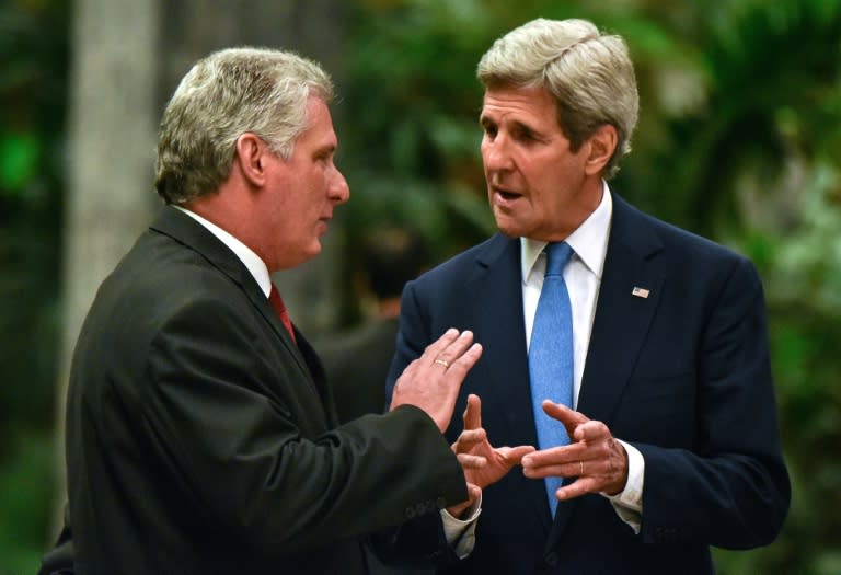 Miguel Diaz Canel with John Kerry in Havana in March