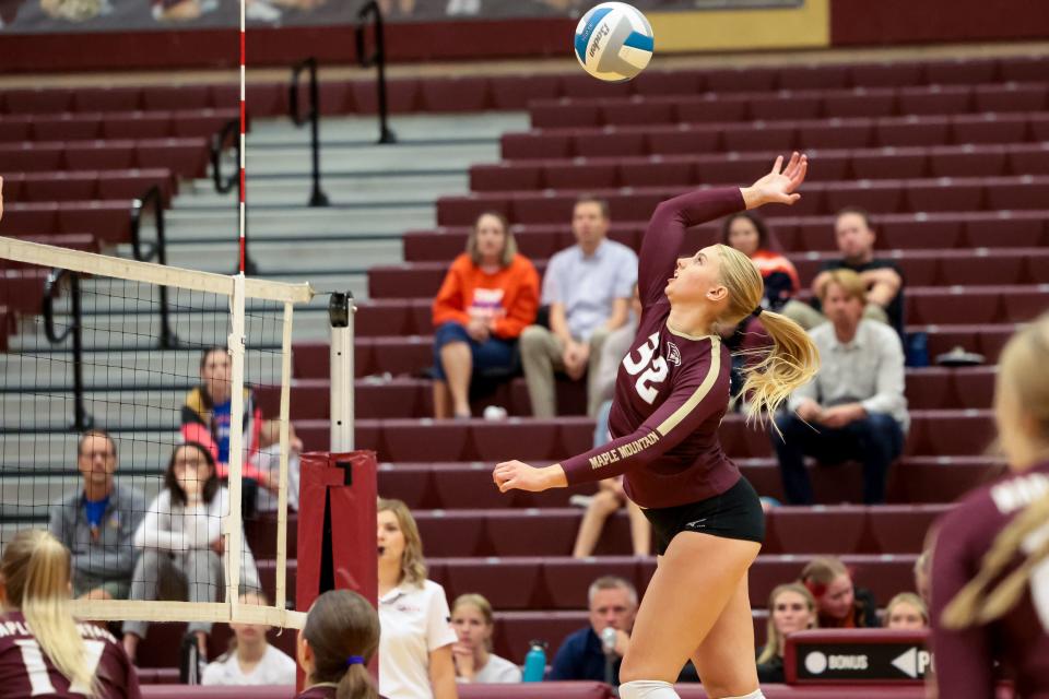 Maple Mountain’s Rachel Workman hits the ball in a high school volleyball match against Timpview in Spanish Fork on Tuesday, Sept. 19, 2023. | Spenser Heaps, Deseret News