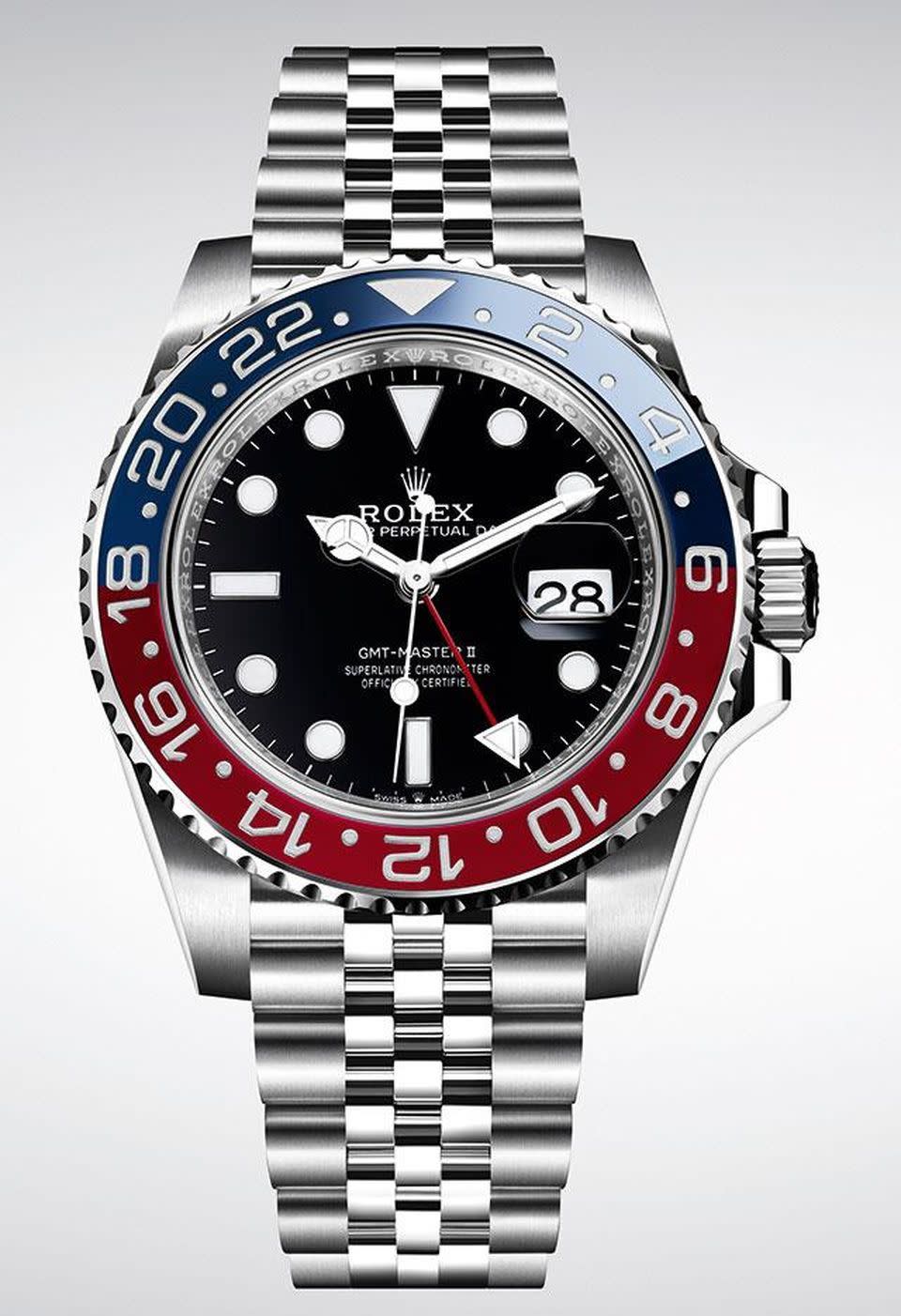 <p><a class="link " href="https://www.rolex.com/watches/gmt-master-ii.html" rel="nofollow noopener" target="_blank" data-ylk="slk:SHOP;elm:context_link;itc:0;sec:content-canvas">SHOP</a></p><p>A GMT Rolex is the ultimate globetrotter’s watch, even if that concept exists only in theory right now. Introduced in 1955 with the iconic red and white 24-hour scale on the bezel, it earned the nickname ‘Pepsi’. (A red and black ‘Coke’ appeared in 1983). The most recent version in steel adds a state of the art movement and a dressier ‘jubilee’ bracelet. Other than that, the design has changed little in 60 years – though you can file this under timeless, rather than vintage.</p><p> £7,750; <a href="https://www.rolex.com/watches/gmt-master-ii.html" rel="nofollow noopener" target="_blank" data-ylk="slk:rolex.com;elm:context_link;itc:0;sec:content-canvas" class="link ">rolex.com</a></p>