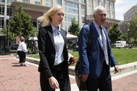 <p>Paul Manafort’s former bookkeeper Heather Washkuhn, left, walks to the Alexandria Federal Courthouse in Alexandria, Va., Thursday, Aug. 2, 2018, to testify at President Donald Trump’s former campaign chairman’s tax evasion and bank fraud trial. Washkuhn testified that Manafort kept her in the dark about the foreign bank accounts he was using to buy millions in luxury items and personal expenses. (Photo: Manuel Balce Ceneta/AP) </p>