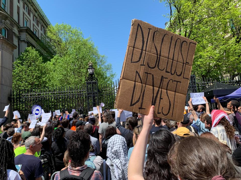 A crowd of Columbia faculty, student workers and staff gathered outside of Kent Hall on Amsterdam Ave. in New York City around noon on Wednesday, May 1, 2024. (Katie Mather/Yahoo News)