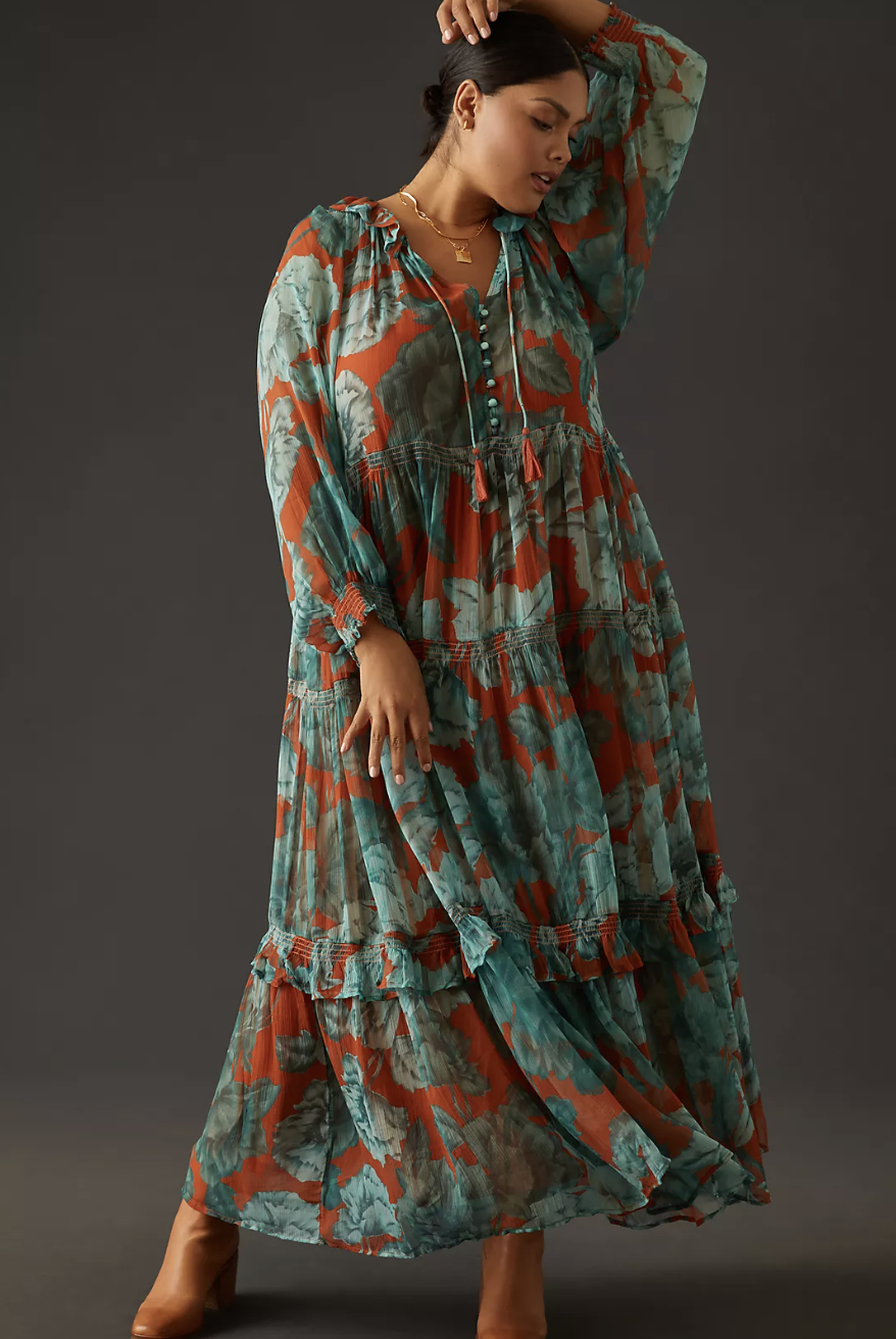 The Marais Printed Chiffon Maxi Dress in brown motif (photo via Anthropologie)