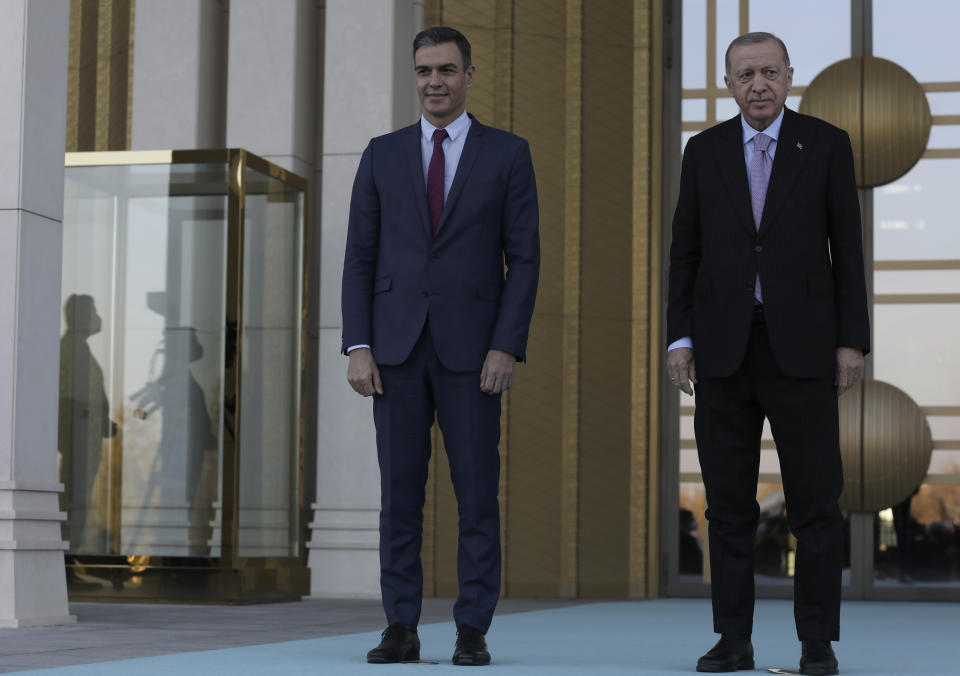 Turkey's President Recep Tayyip Erdogan, right, and Spanish Prime Minister Pedro Sanchez pose for photos during a welcoming ceremony at the presidential palace, in Ankara, Turkey, Wednesday, Nov. 17, 2021. (AP Photo/Burhan Ozbilici)