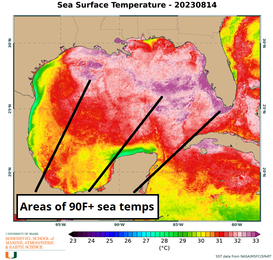 Where the water temps are hottest in the Gulf.