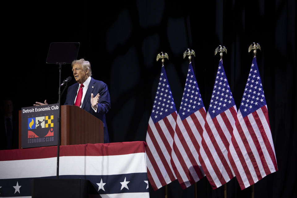 DETROIT, MICHIGAN - OCTOBER 10: Republican presidential nominee, former U.S. President Donald Trump, speaks at the Detroit Economic Club on October 10, 2024 in Detroit, Michigan. Trump is campaigning in Michigan, a key battleground state, ahead of the upcoming presidential election. (Photo by Bill Pugliano/Getty Images)